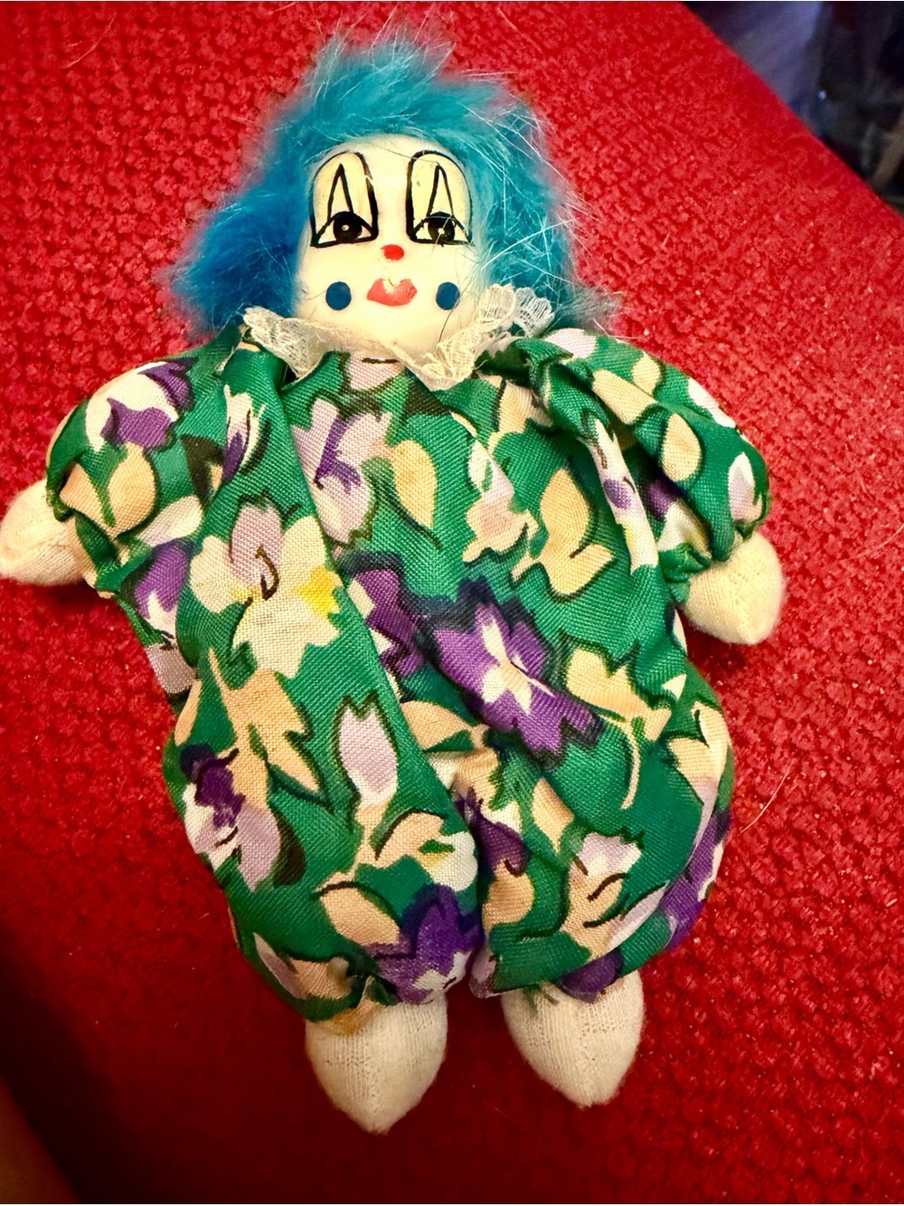 Hand-stitched Porcelain Clown Doll with Blue Hair